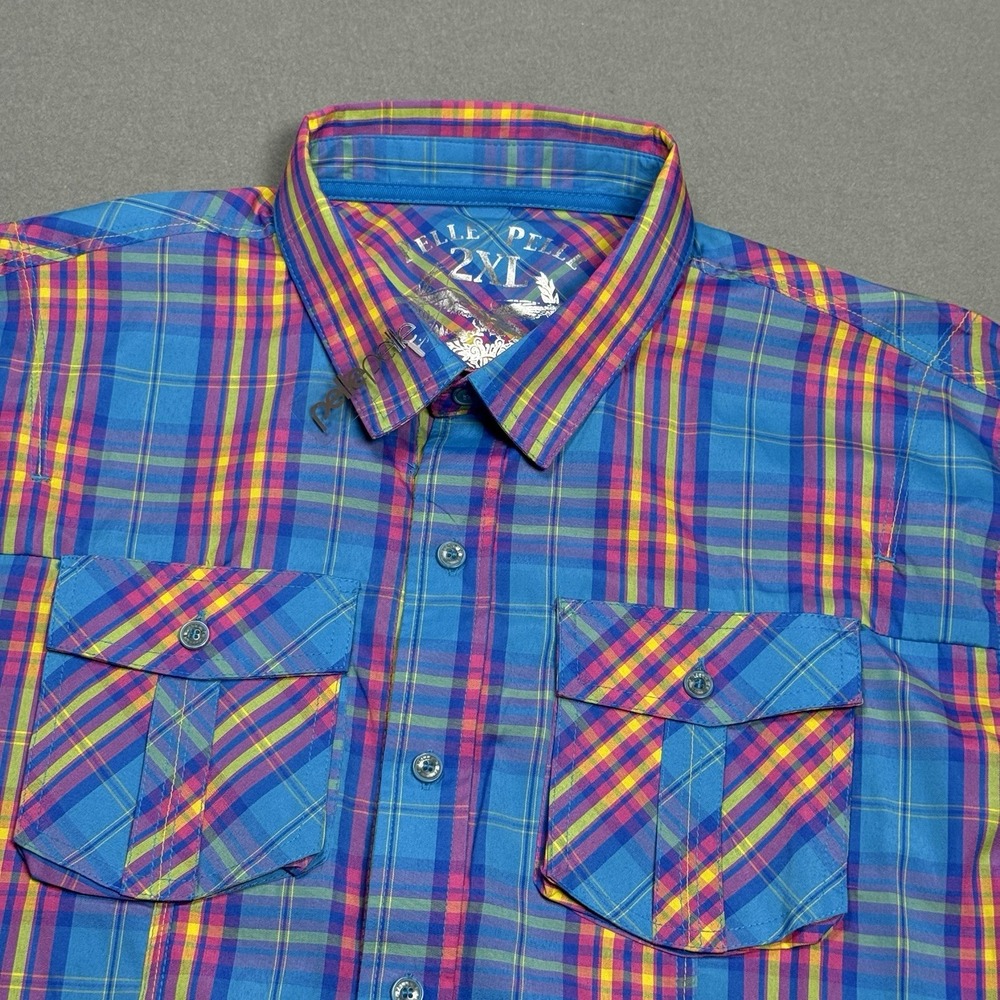 Pelle Pelle Shirt Mens 2XL XXL Blue Madras Plaid 2 Pocket Short Sleeve NEW